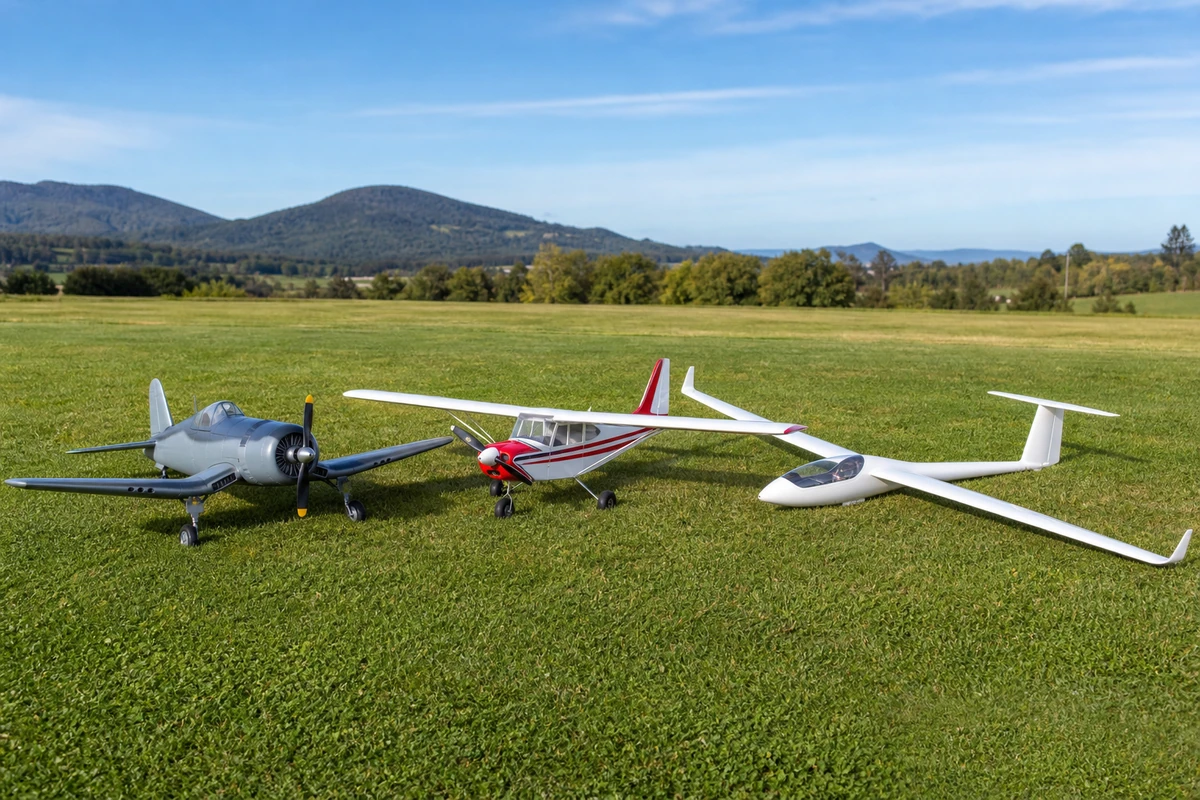 Plusieurs avions télécommandés de types différents posés sur un terrain d'aéromodélisme