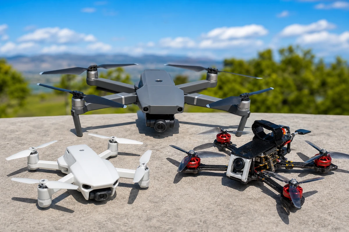 Drones télécommandés de différentes tailles, un quadricoptère et un drone FPV racer