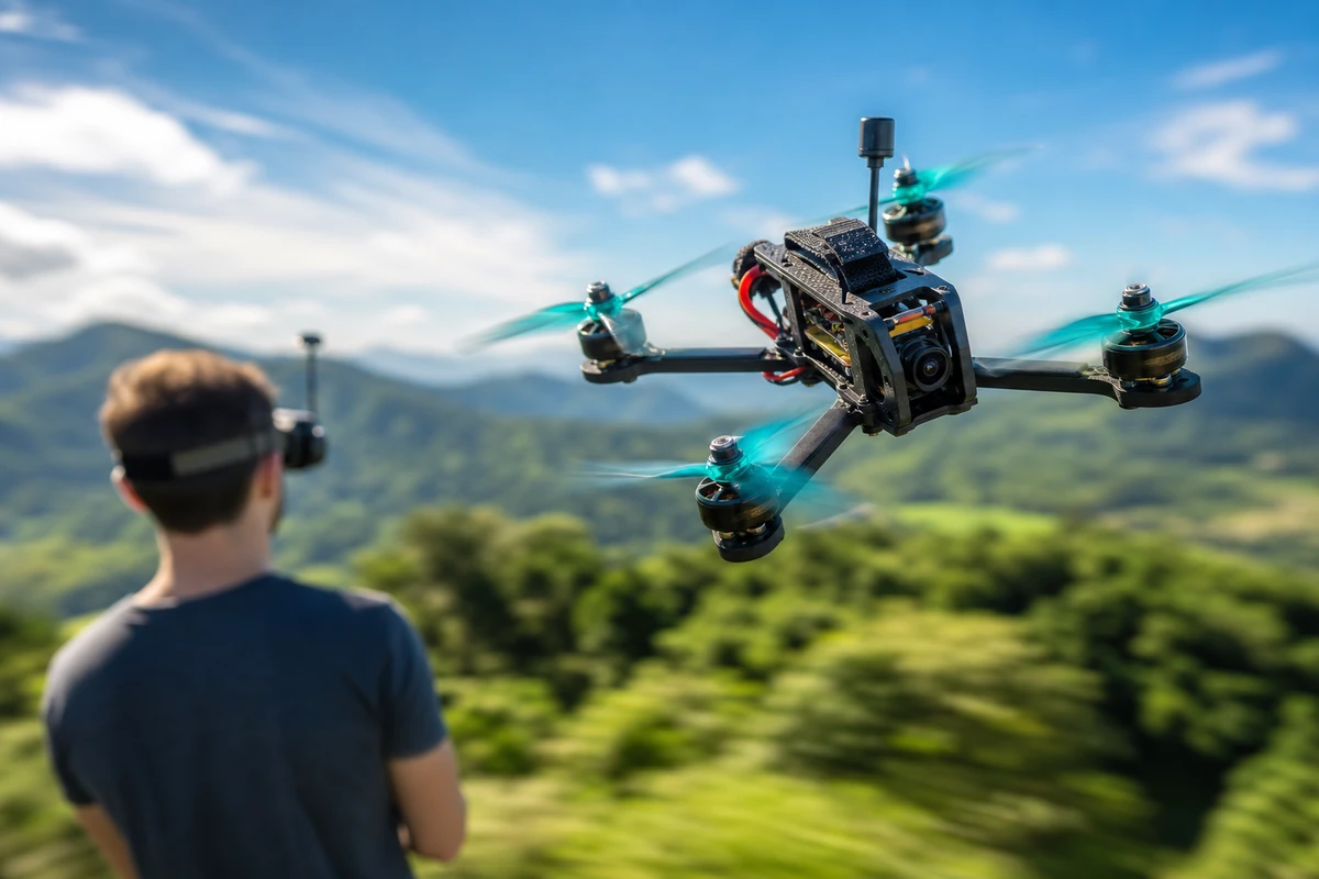 Drone FPV en vol au-dessus d'un paysage verdoyant, pilote au casque FPV en arrière-plan