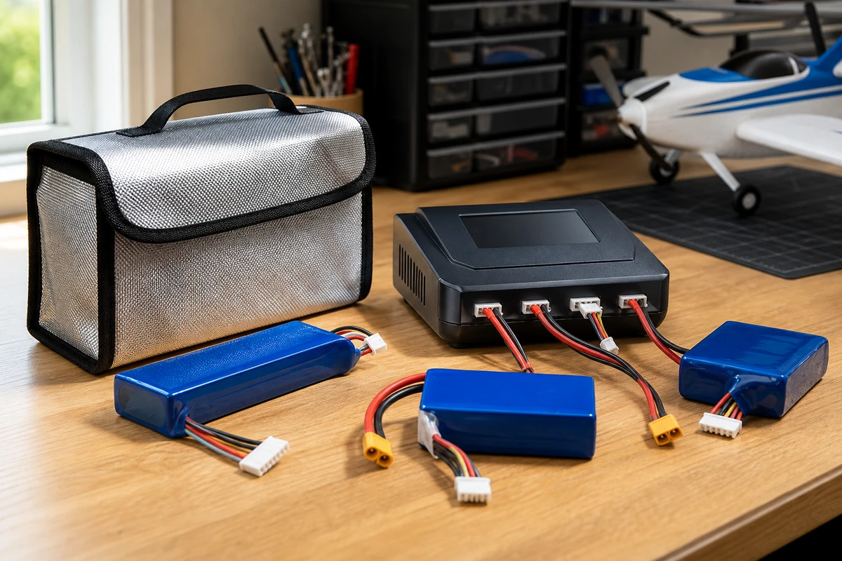 Batteries LiPo et chargeur avec sac de charge ignifugé posés sur un établi