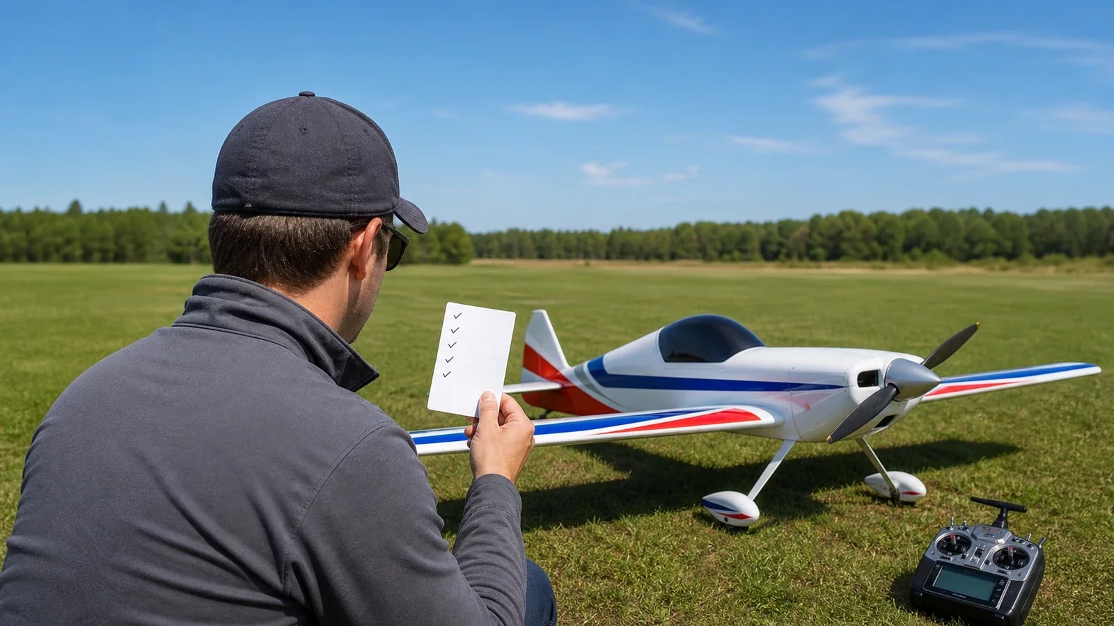 Un pilote vérifiant son modèle avant le vol, casquette et check-list à la main