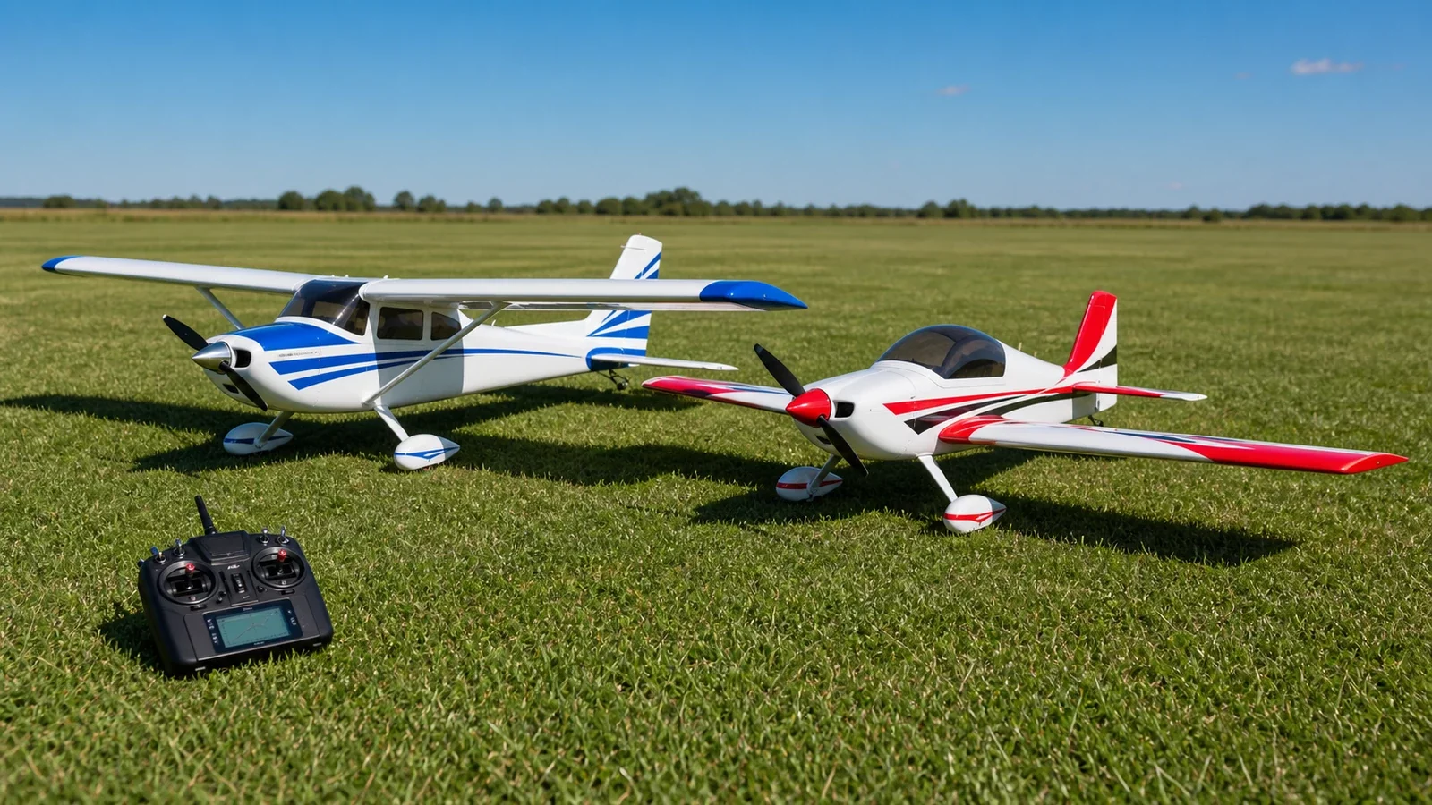 Un avion télécommandé à aile haute et un autre à aile basse posés sur une piste en herbe