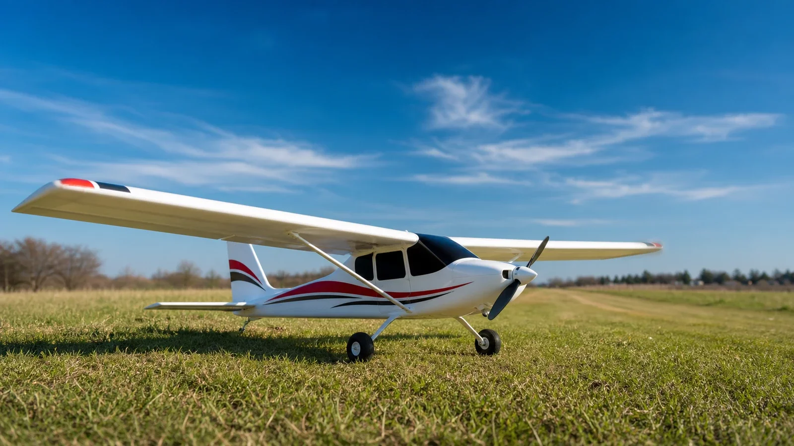 Un avion trainer télécommandé à aile haute posé sur l'herbe, prêt au décollage