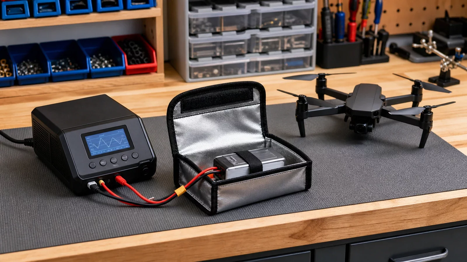 Un chargeur de batteries LiPo en fonctionnement avec un sac de charge ignifugé