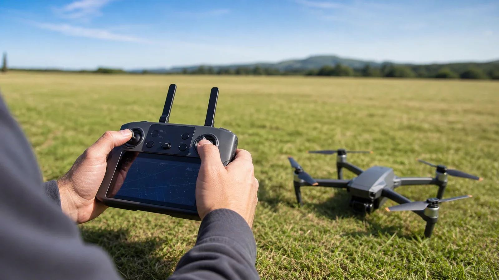Une radiocommande de drone tenue en mains devant un quadricoptère posé sur l'herbe