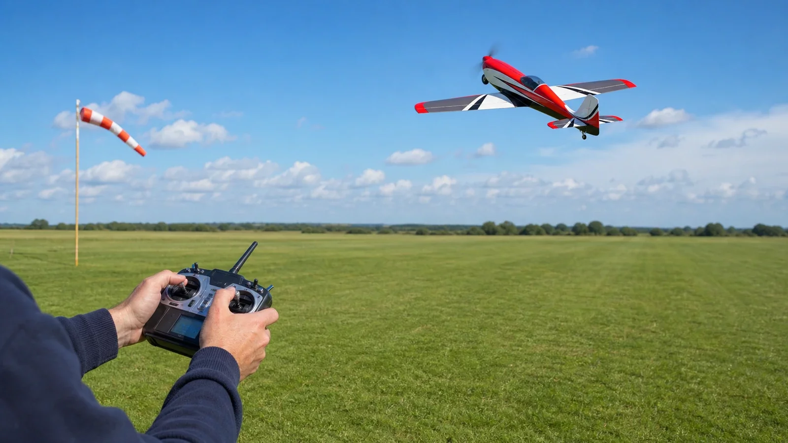 Un terrain d'aéromodélisme dégagé avec une piste et une manche à air