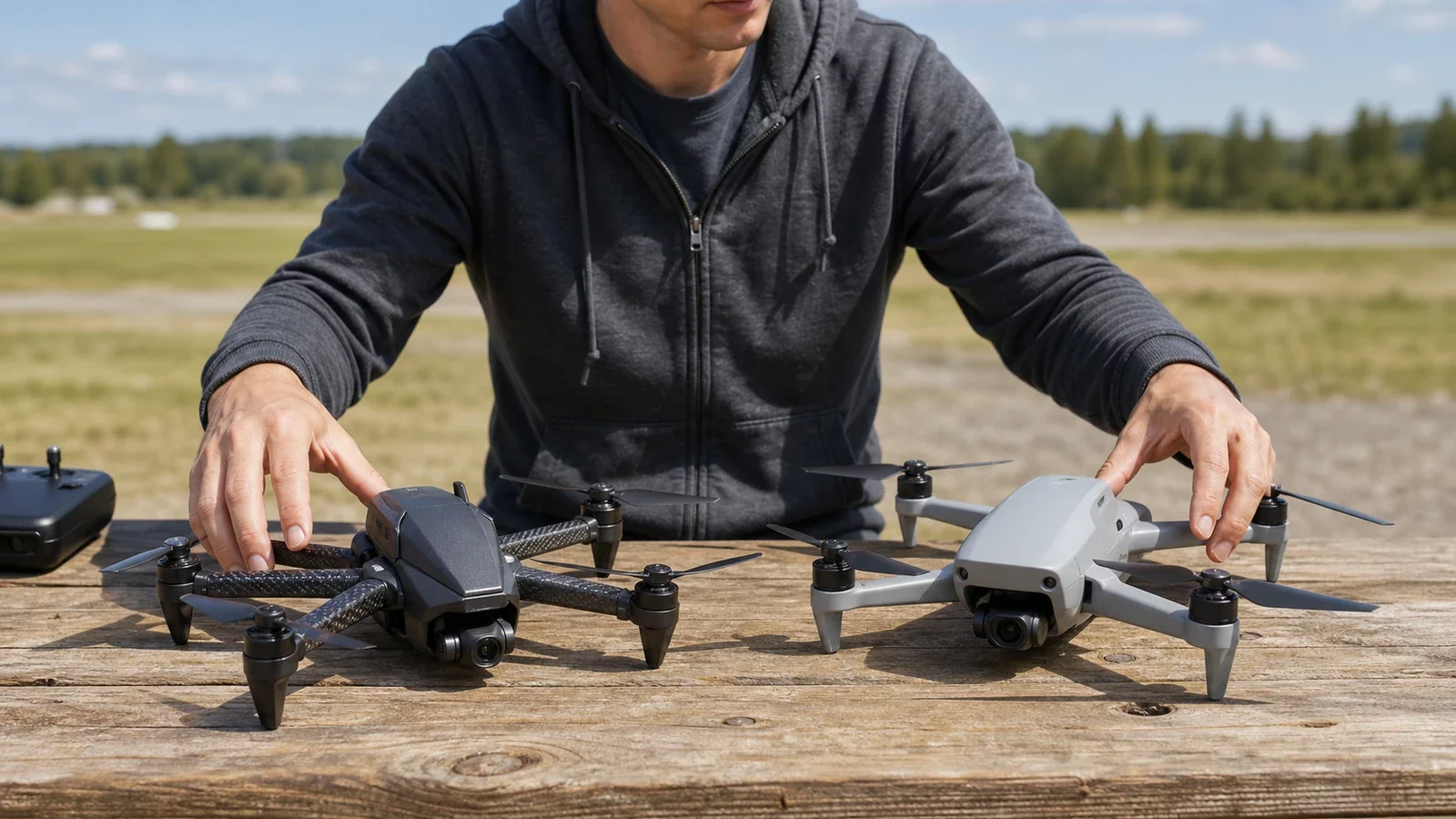 Personne comparant deux drones télécommandés posés sur une table
