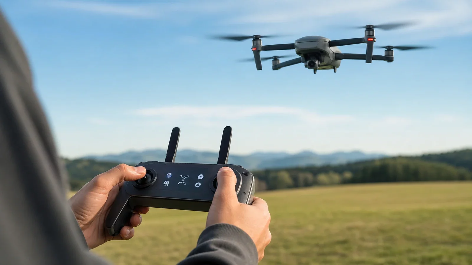 Un drone en vol stationnaire avec un ciel dégagé, écran radiocommande affichant le mode de vol