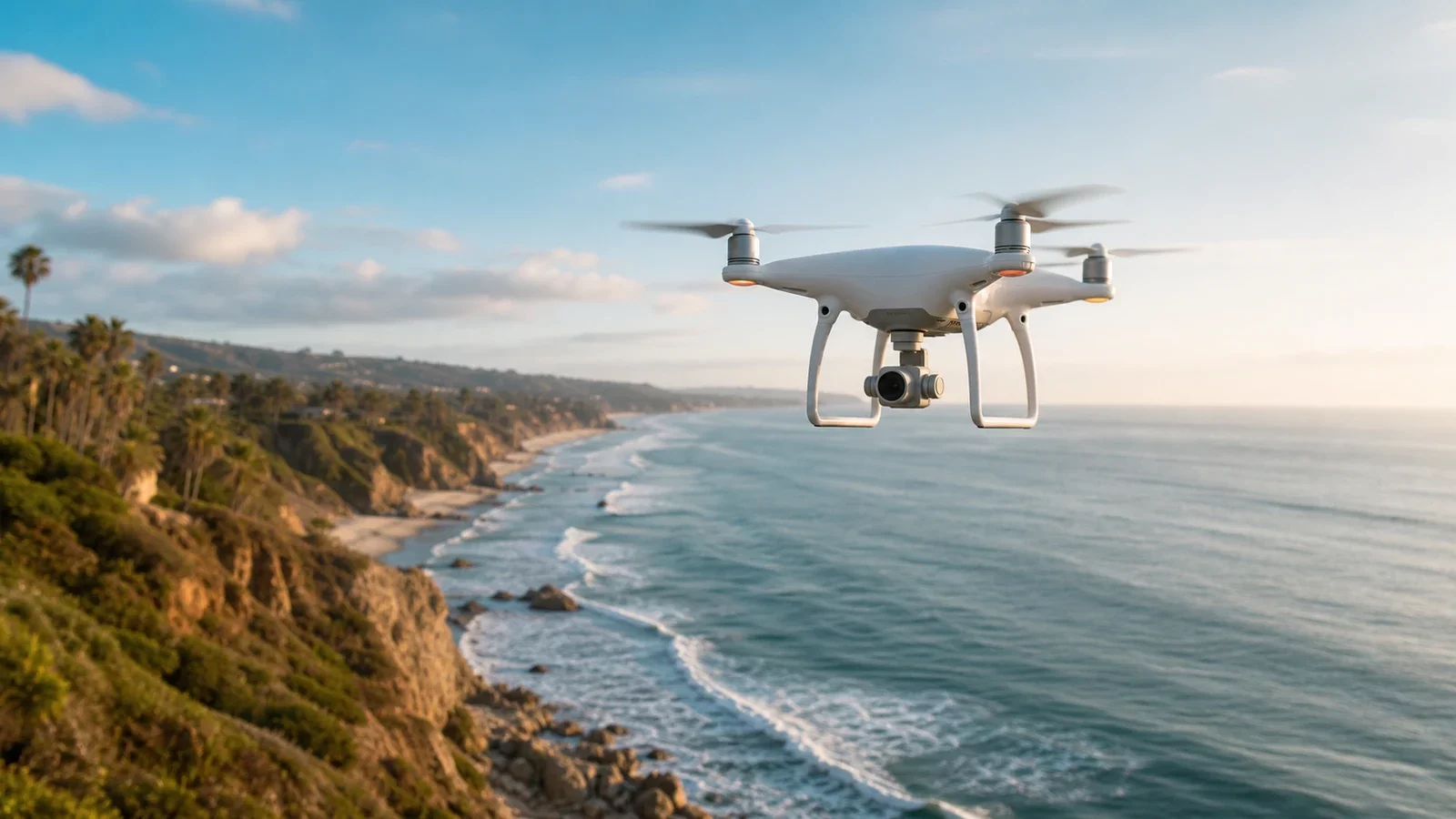 Un drone à nacelle stabilisée filmant un paysage côtier au coucher du soleil