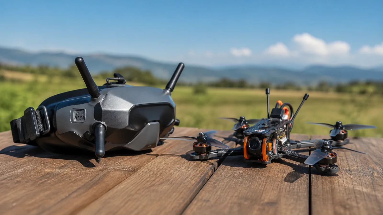 Un casque FPV et un drone racer posés sur une table en extérieur