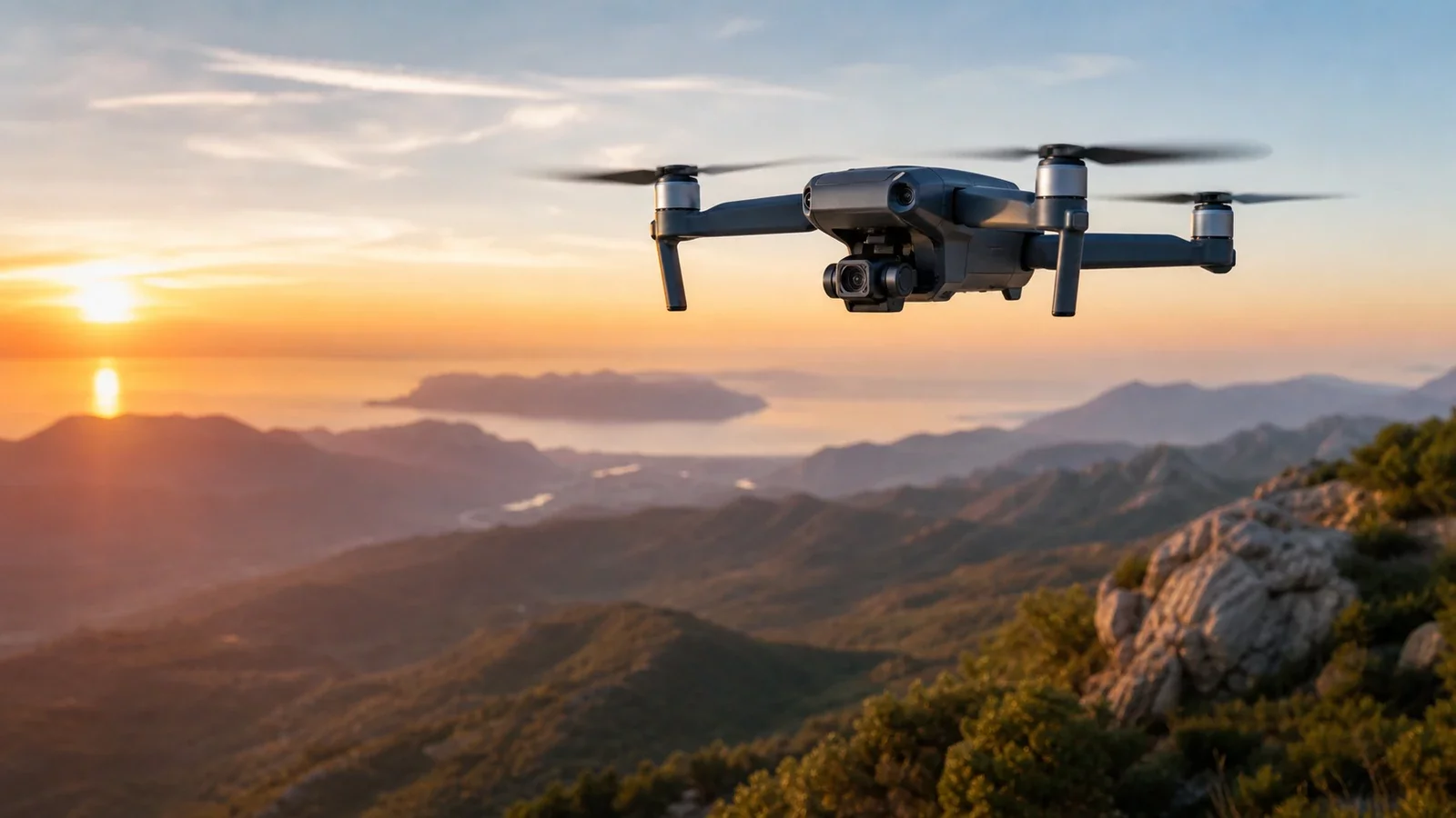 Un drone à caméra en vol au coucher du soleil au-dessus d'un paysage
