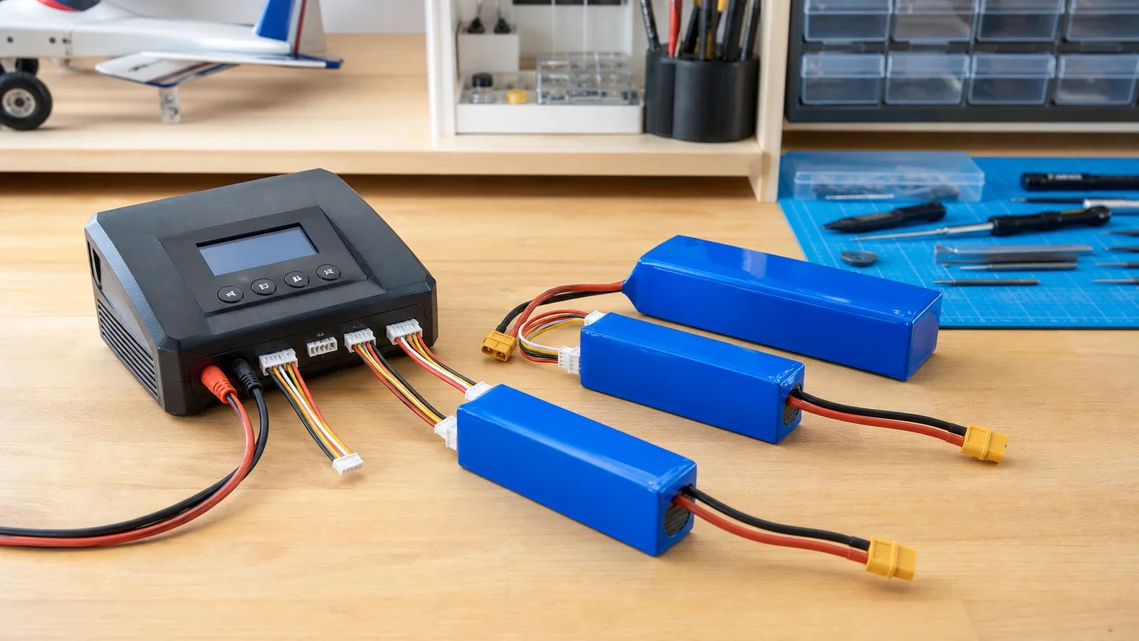 Batteries LiPo de modélisme et chargeur équilibreur sur un établi