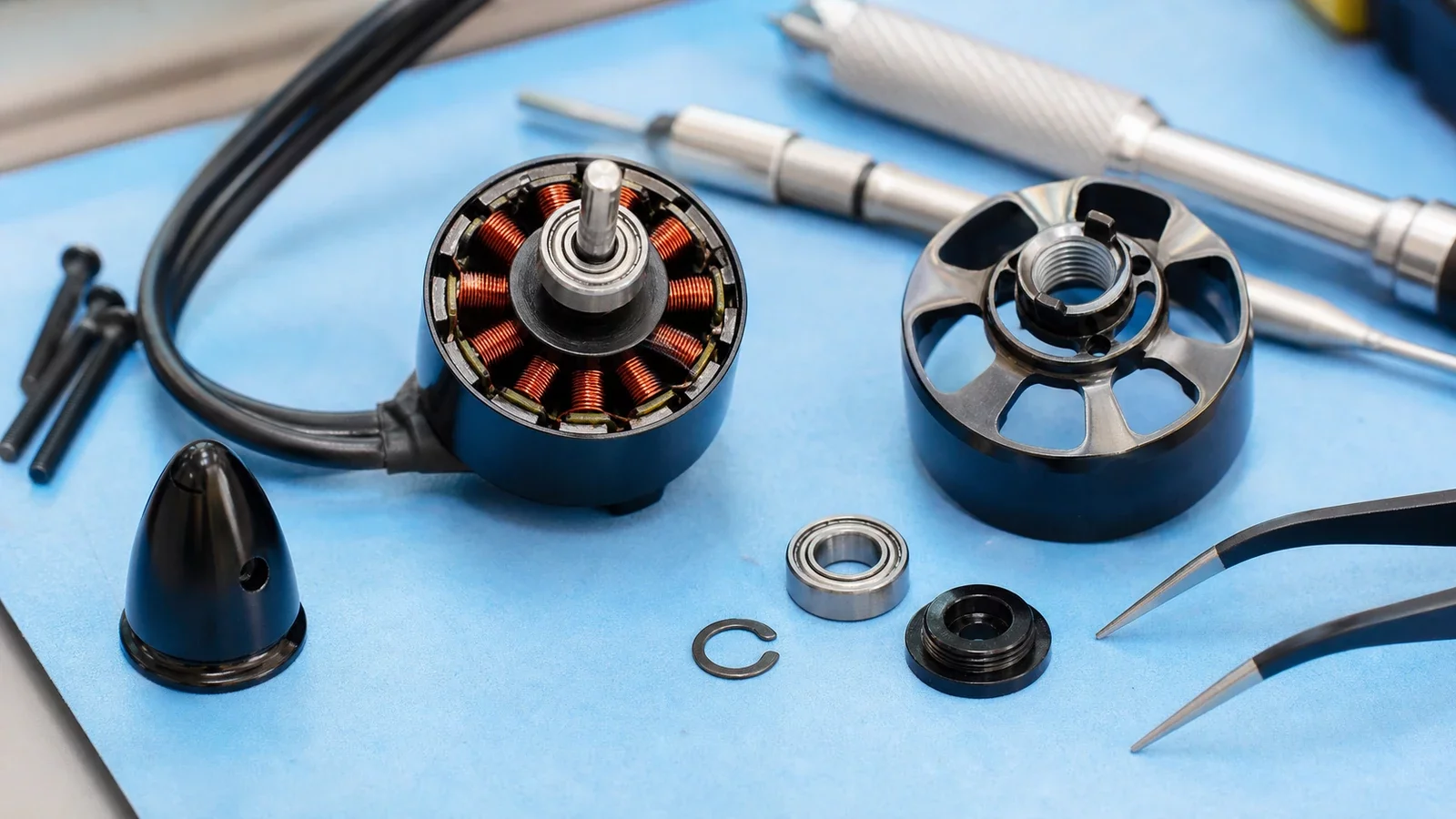 Gros plan sur un moteur brushless d'aéromodélisme démonté pour entretien