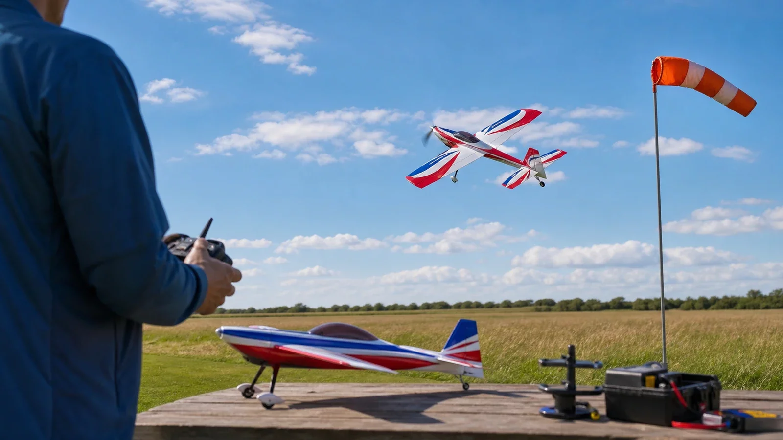 Une manche à air gonflée par le vent sur un terrain d'aéromodélisme sous un ciel changeant