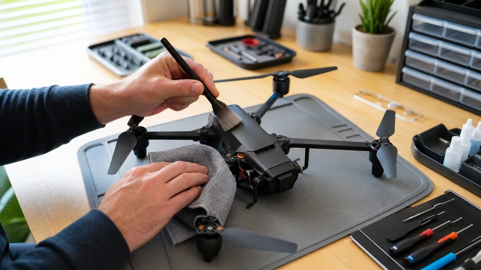 Nettoyage d'un drone télécommandé avec un pinceau et un chiffon sur un établi