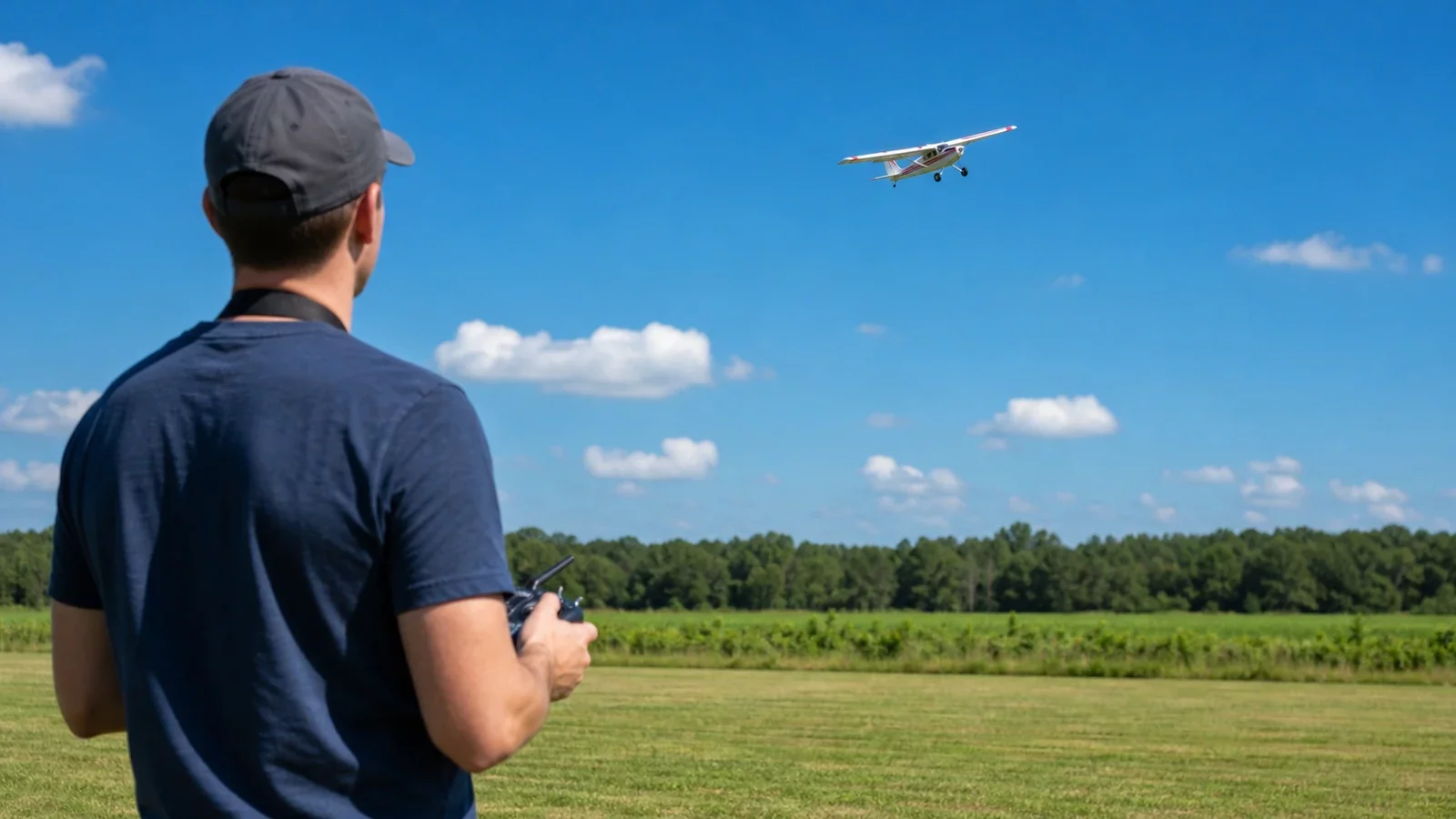 Un débutant seul sur un terrain, radiocommande en main, son avion RC en vol au loin