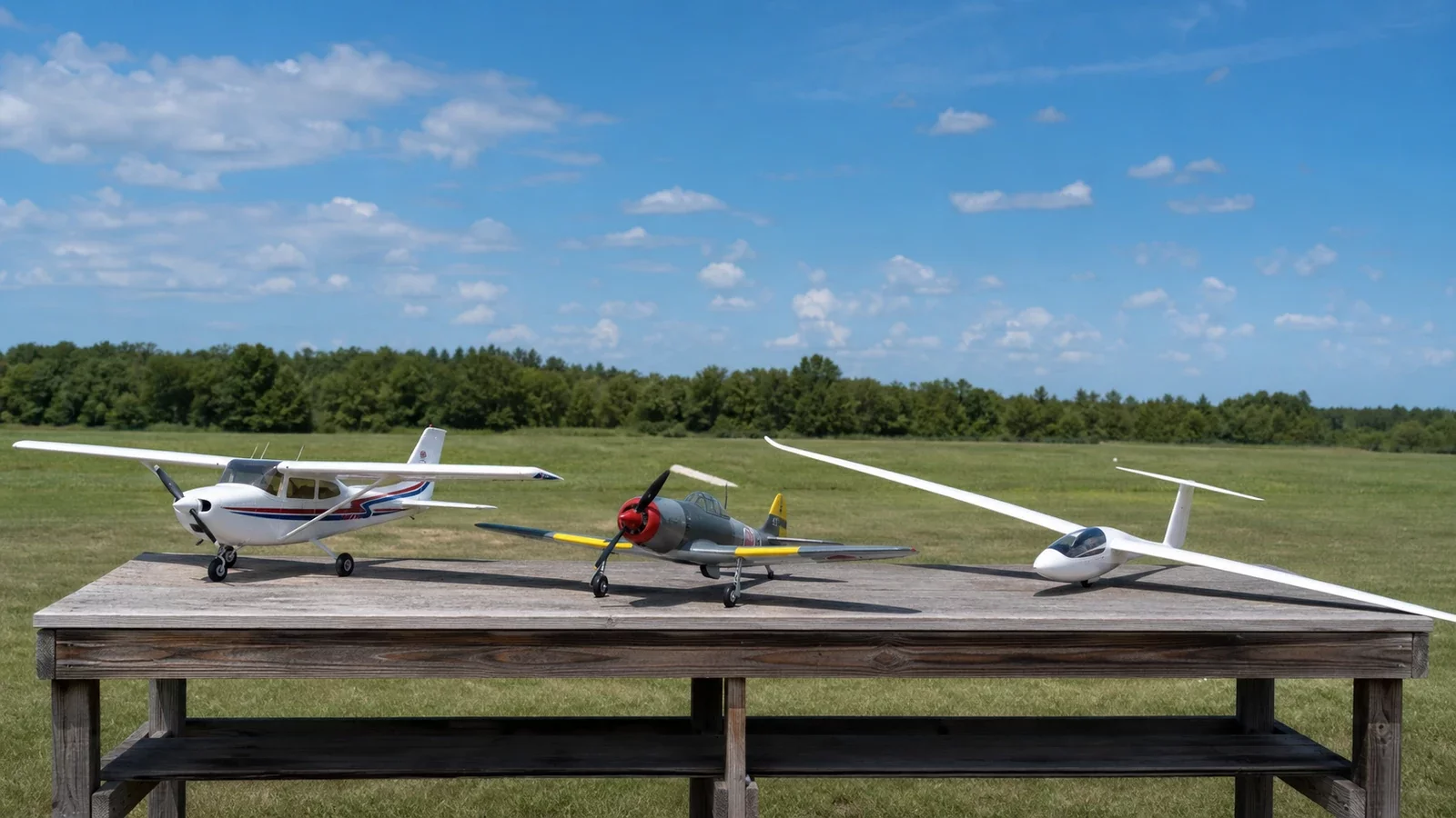 Différents types d'avions télécommandés posés sur une table